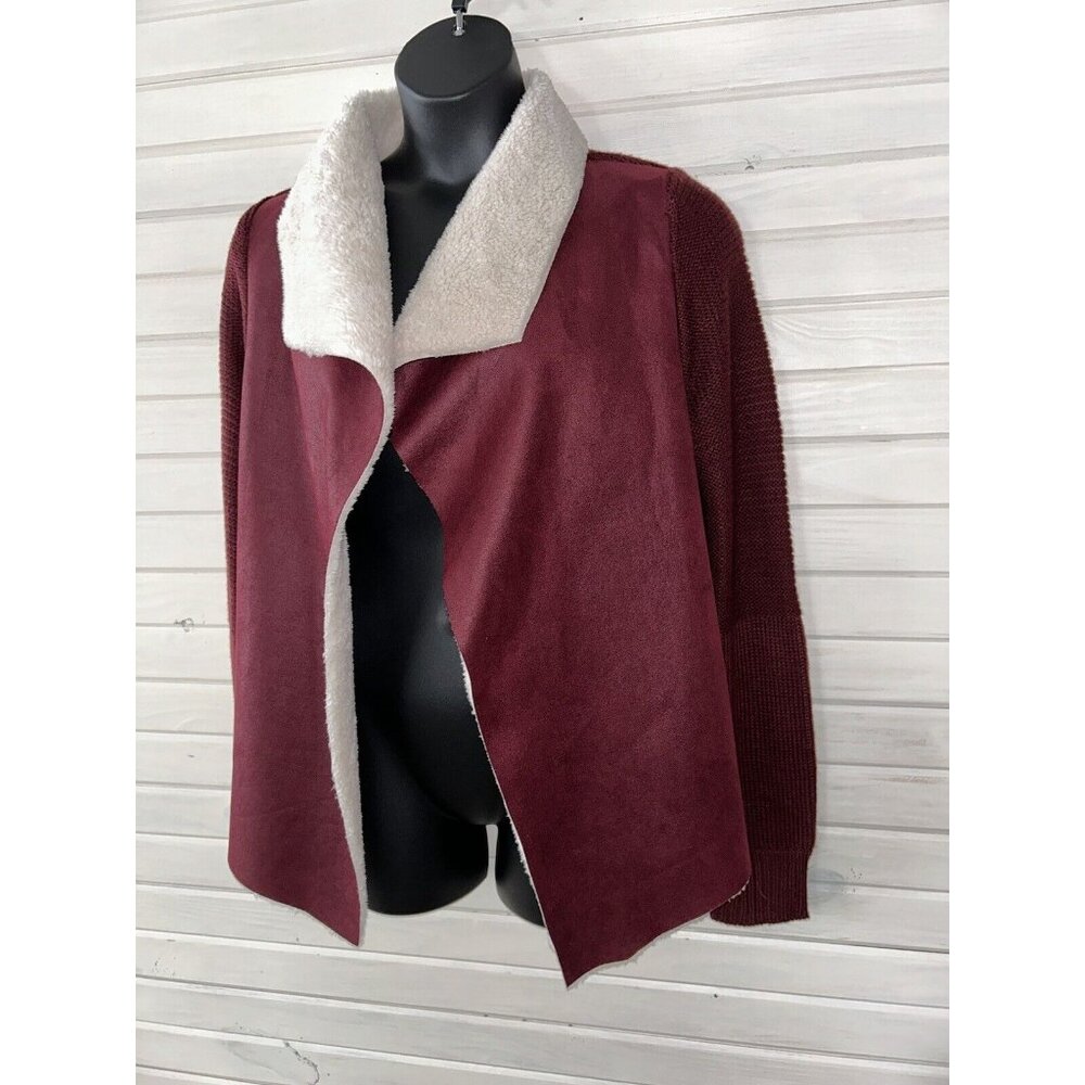 Cavalini Sz PLUS 2X Shawl Collar Faux Suede Sherpa Lined Jacket Burgundy EUC - Picture 2 of 10